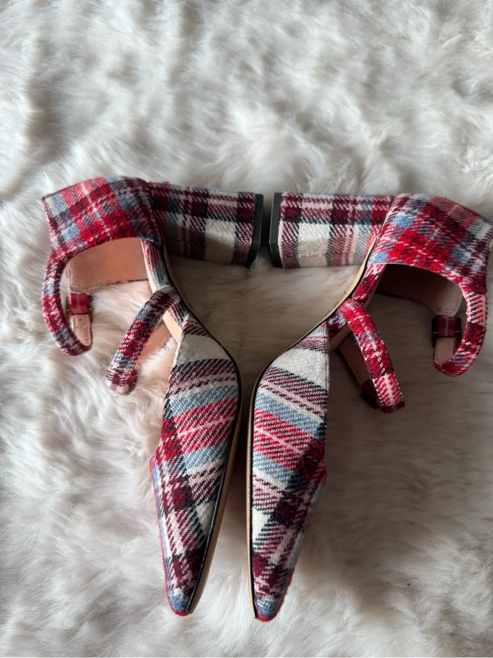 J. Crew Red Plaid Triple-Strap Pointed Pumps
